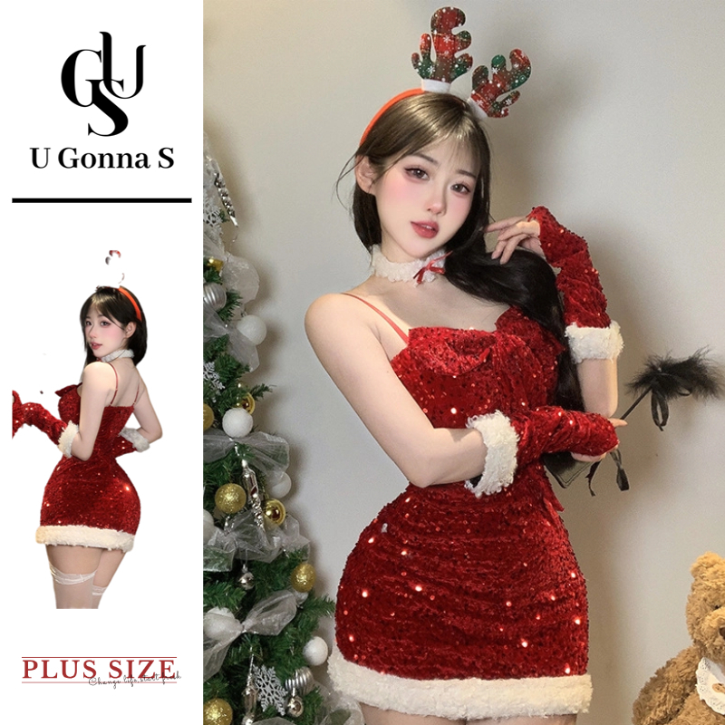 ชุดนอนคริสต์มาสสปาร์คเคิล สีแดงแขนกุด.Push Up สำหรับผู้หญิง ออกแบบใหม่ ยืดหยุ่น เหมาะทำเป็นของขวัญ