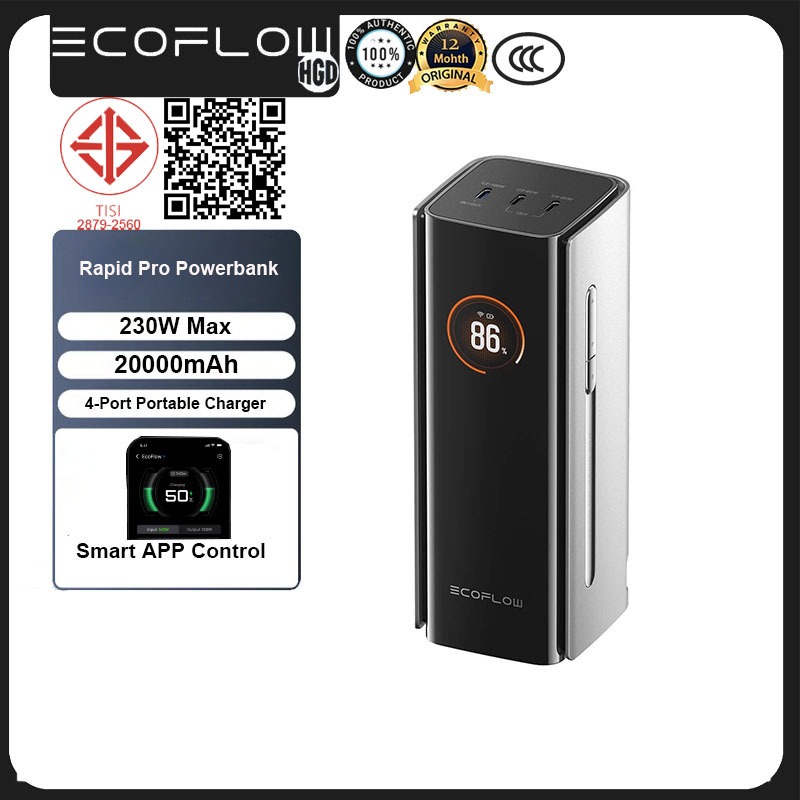 EF ECOFLOW Rapid Pro Powerbank 230W 20000mAh เครื่องชาร์จเร็วแบบพกพาสายเคเบิล 100W ในตัว
