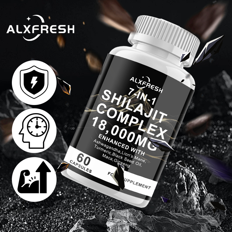 Shilajit Capsule 18,000 มก. คอมเพล็กซ์ 7-in-1 พร้อม Ashwagandha สําหรับสมอง โฟกัส สุขภาพภูมิคุ้มกัน