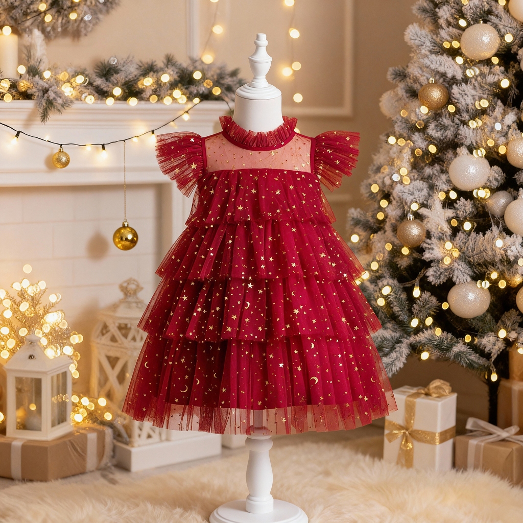 Nnjxd ชุดเดรสเจ้าหญิง ปักเลื่อม เค้กวันเกิด ชุดแต่งงาน คริสต์มาส สีแดง สําหรับเด็กผู้หญิง