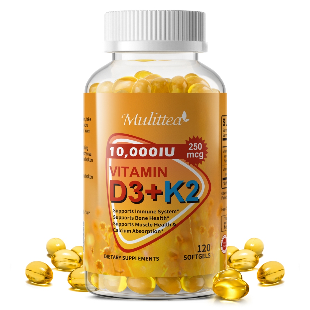 Mulittea 10000IU Vitamin D3+K2 Capsules วิตามินดี3 + เค2 การสนับสนุนระบบภูมิคุ้มกัน สุขภาพหัวใจและหลอดเลือด การสนับสนุนสุขภาพกระดูก