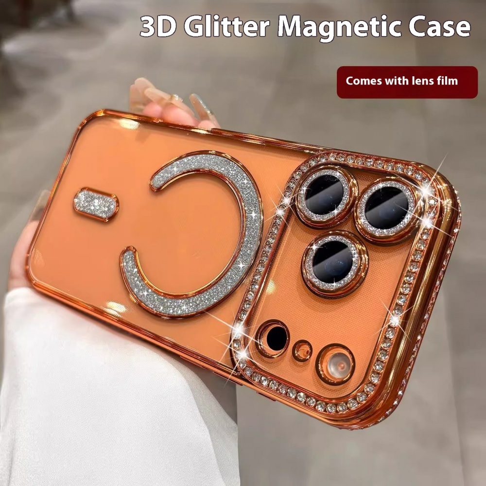 Magnetic Bling Glitter กันกระแทกฝังเพชรเคสโทรศัพท์สําหรับ iPhone 17 16 15 14 13 12 11 Pro Max Air