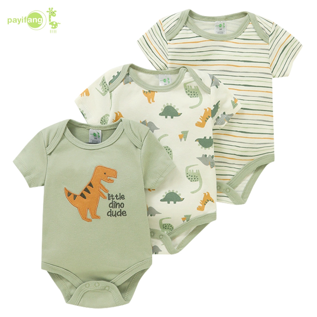 PAYI BABY-3 ชิ้น รูปแบบไดโนเสาร์ทารกแรกเกิด เด็กทารกแขนสั้นผ้าฝ้ายนุ่มชุดบอดี้สูท