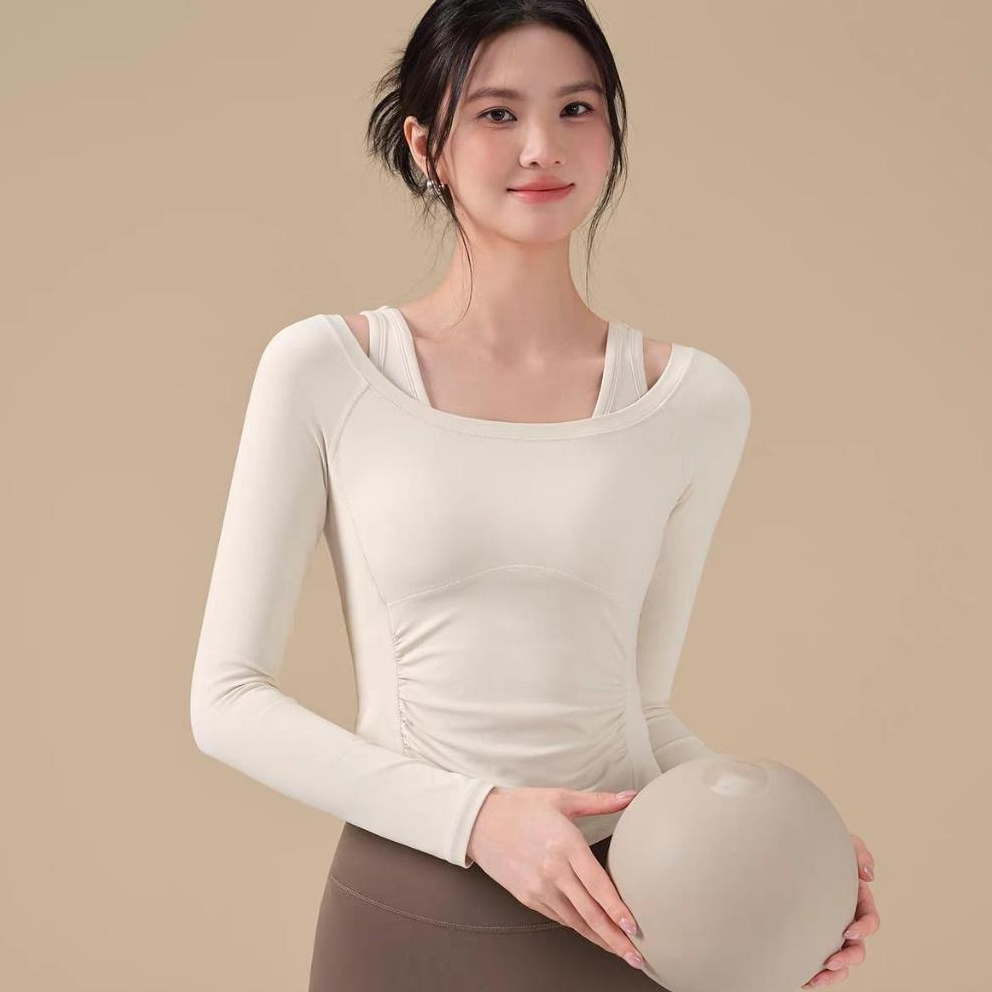 เสื้อยืดกีฬาแขนยาวเก็บเอวสำหรับผู้หญิง สไตล์ใหม่ ไม่มีชั้นในรวมมาด้วย