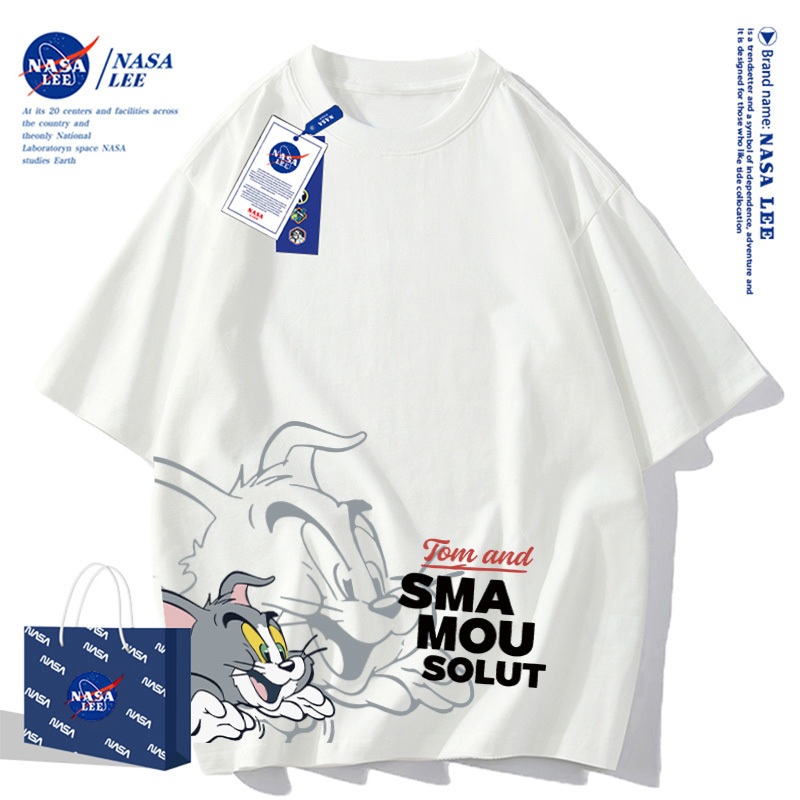 เสื้อยืดแขนสั้นผ้าฝ้ายแท้ co-branding กับ NASA สไตล์ใหม่ ทรงหลวม