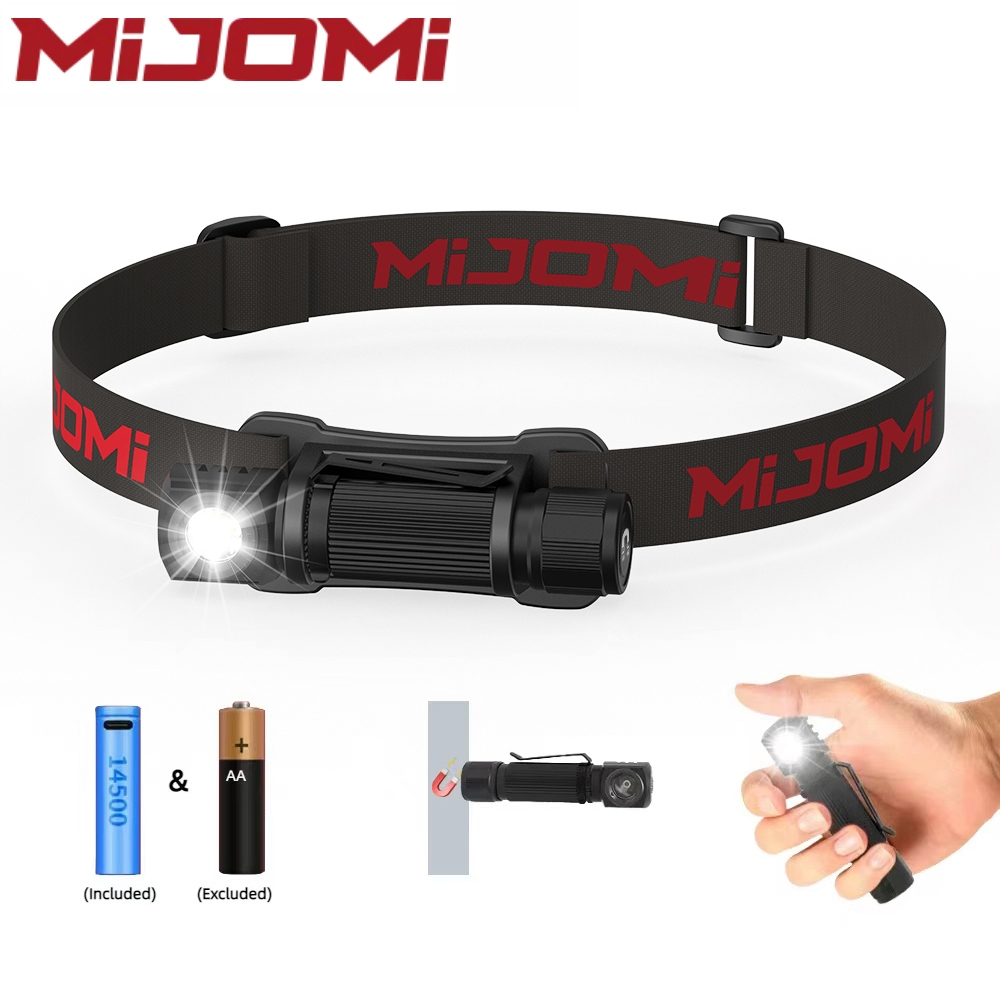 Mijomi ไฟหน้า HP10 Type-C ไฟฉายแบบชาร์จไฟได้, 300 Lumens, Dual fuel 14500 หรือ AA, Handhold หรือไฟหน้า Dual Form, ไฟฉายหางแม่เหล็ก, ไฟปรับมุมกันน้ํา