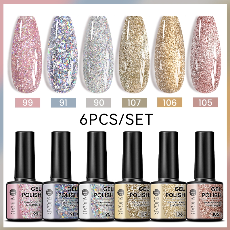 Ur SUGAR ชุดยาทาเล็บเจล กลิตเตอร์ สีชมพูนู้ด แช่ปิด UV LED เจล กึ่งถาวร