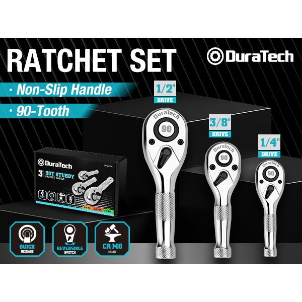 DuraTech ด้ามวงล้อ Stubby 90 ฟัน 3 ชิ้น (1/4"&3/8"&1/2"Dr.) ประแจวงล้อขนาดเล็กแบบพกพาแบบปลดเร็ว, กลับด้านได้, ผลิตโลหะผสมโครเมียม, ขัดเต็ม, เครื่องมือบ้าน