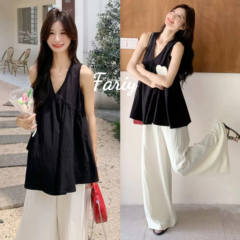 Fariy🍒คลังสินค้าพร้อม🍒 เสื้อกั๊กสีดำยาวปานกลางสุดเก๋สำหรับผู้หญิงในฤดูร้อนปี 2025 ดีไซน์ใหม่สำหรับเสื้อคอวีแขนกุดไซส์เล็ก