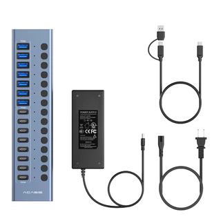 ACASIS 16 พอร์ต 10Gpbs USB3.2 Hub 8 * USB-A & 8 * USB-C 3.2 HUB รองรับ BC1.2 ชาร์จ 12V8A อะแดปเตอร์อลูมิเนียม Type-C Splitter สําหรับ Macbook อุปกรณ์เสริมเดสก์ท็อป