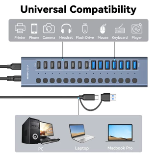 ACASIS 16 พอร์ต 10Gpbs USB3.2 Hub 8 * USB-A & 8 * USB-C 3.2 HUB รองรับ BC1.2 ชาร์จ 12V8A อะแดปเตอร์อลูมิเนียม Type-C Splitter สําหรับ Macbook อุปกรณ์เสริมเดสก์ท็อป