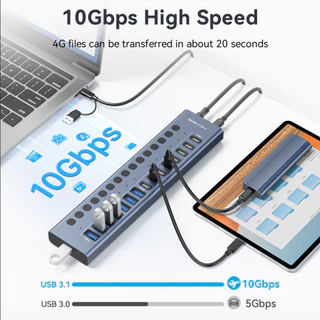 ACASIS 16 พอร์ต 10Gpbs USB3.2 Hub 8 * USB-A & 8 * USB-C 3.2 HUB รองรับ BC1.2 ชาร์จ 12V8A อะแดปเตอร์อลูมิเนียม Type-C Splitter สําหรับ Macbook อุปกรณ์เสริมเดสก์ท็อป
