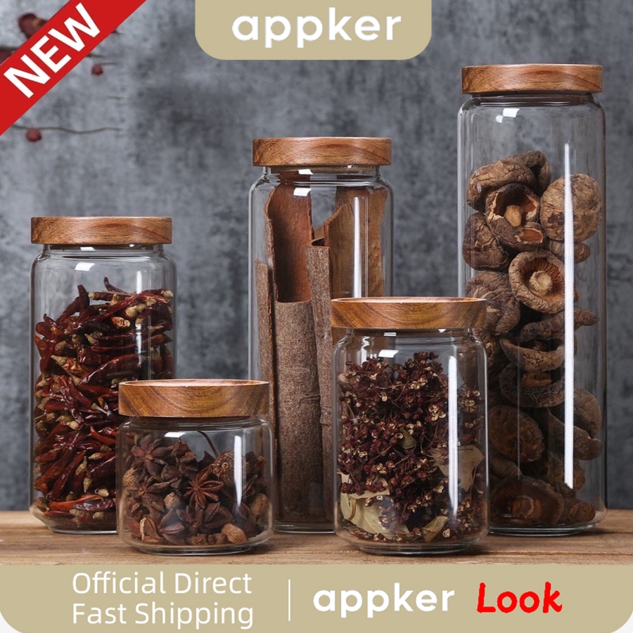APPKER ขวดโหลแก้วไม้ ฝาไม้ สําหรับใส่อาหาร ชา เมล็ดกาแฟ ลูกอม เครื่องปรุง