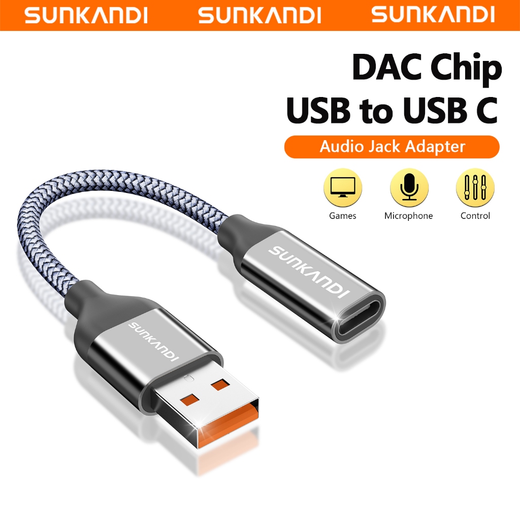SUNKANDI USB to USB C อะแดปเตอร์เสียงหญิงการ์ดเสียงรองรับไมโครโฟน/ในสายควบคุมอะแดปเตอร์เสียงปลั๊กเคลือบทองสําหรับลําโพงแล็ปท็อปหูฟัง