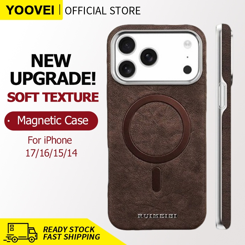 YOOVEI [ใหม่] เคสหนังสําหรับ iPhone 17 Pro Max เคสป้องกันแม่เหล็กเข้ากันได้กับชาร์จไร้สาย iPhone 16 15 14 Pro max ฝาครอบกันชนหรูหราสําหรับผู้ชายและผู้หญิงสีน้ําตาล