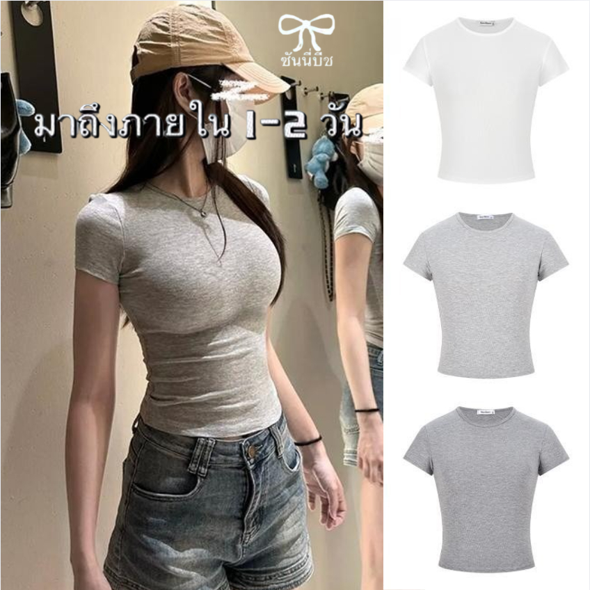 เสื้อยืดแขนสั้นคอกลมรัดรูปแบบอเมริกันสําหรับผู้หญิงในฤดูร้อนสาวร้อนเสื้อบอททอมบางและอเนกประสงค์อารมณ์สั้นสะดือด้านบน