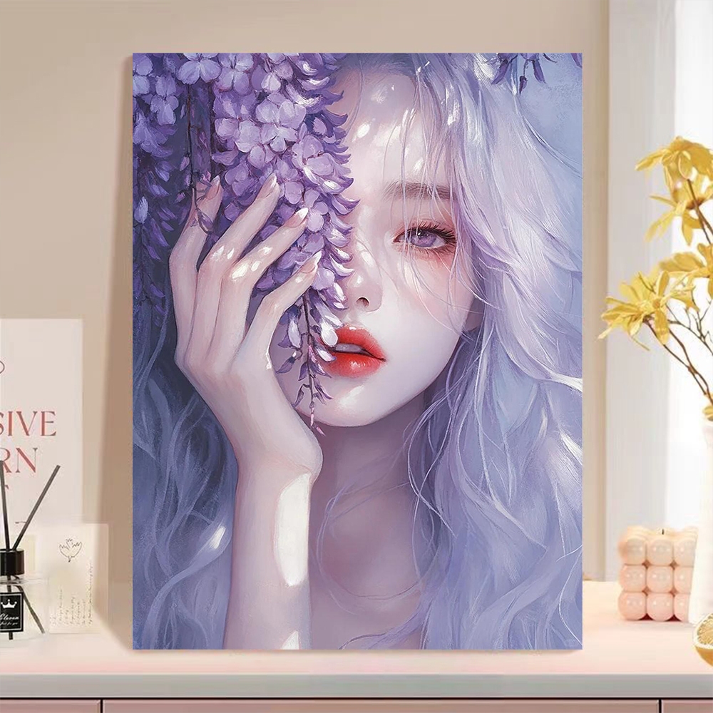 ACANDYL Wisteria Tears DIY Paint by Numbers 30x40cm พร้อมกรอบ | เศร้าอะนิเมะสาวสีม่วงดอกไม้ความงามผนังศิลปะของขวัญ