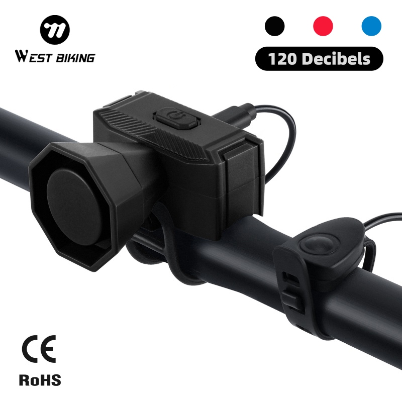 WEST BIKING แตรไฟฟ้าจักรยาน 120dB เดซิเบลสูง รีโมทคอนโทรลแบบมีสาย กระดิ่งไฟฟ้าจักรยานแบบพกพา ชาร์จ Type-C มีเสียงลำโพง 5 แบบ