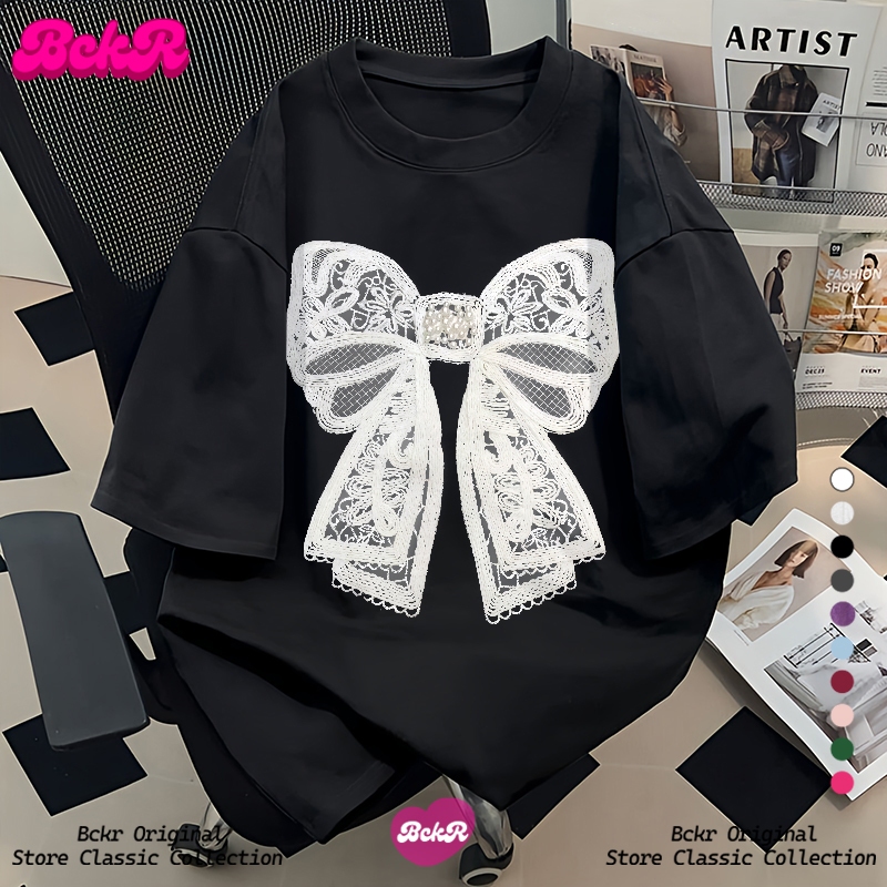แฟชั่นสไตล์เกาหลี เสื้อยืดผู้หญิงลายโบว์ คอกลม ผ้าฝ้าย 100% ทรงโอเวอร์ไซส์ รหัสสินค้า YG825