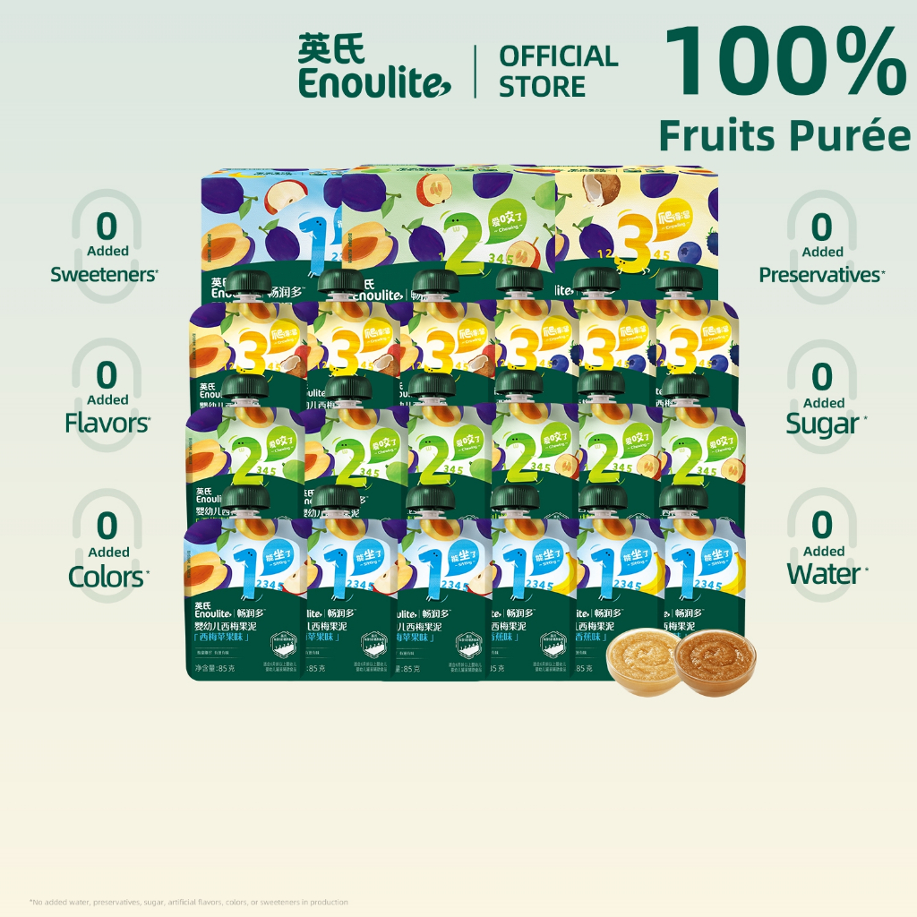 Enoulite อาหารเด็กผลไม้น้ําซุปข้น 6m + ถุงผลไม้วิตามินซี & ไฟเบอร์ริชพรุนผสม 0% เพิ่ม 85g*6