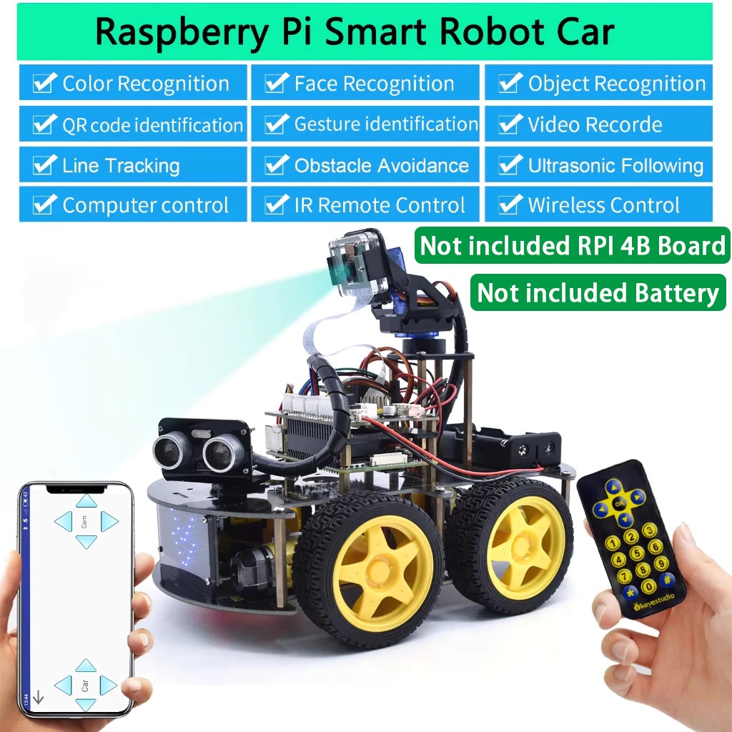 Keyestudio 4WD Smart Robot Car Kit สําหรับ Raspberry Pi พร้อมล้านพิกเซลโมดูลกล้อง (ไม่มีบอร์ด RPI 4B