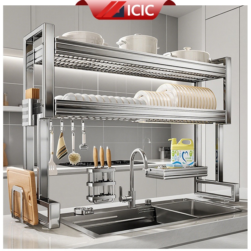 ICIC ชั้นวางจานสแตนเลส ชั้นวางจาน 2ชั้น ที่วางจานสแตนเลส คร่อมอ่างล้าง ของในครัว Bowl Rack ที่กันลื่น