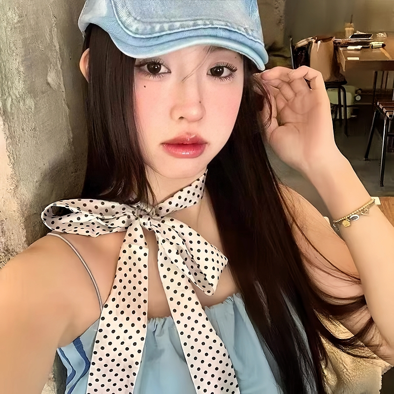 Halo studio พร้อมส่ง🔥ผ้าคาดผม ผ้าพันคอ ริบบิ้น ลายจุดขาวดำ สไตล์เกาหลี สำหรับผูกกระเป๋า ผ้าพันคอ ผ้าโพกหัว และเข็มขัด - รูปที่ 3