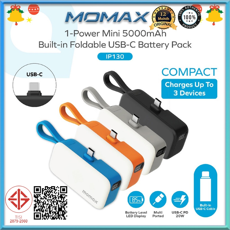 Momax 5000mAh PowerBank 1-Power Mini Power Bank 3-In-1 PD20W สาย USB-C ในตัว