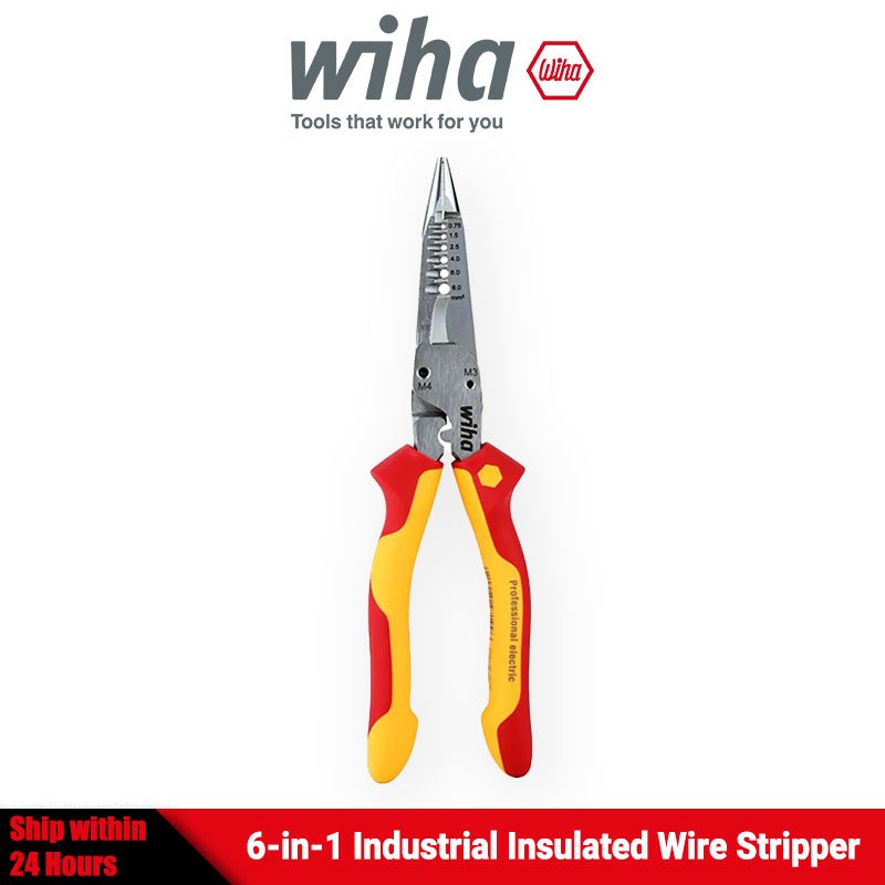 Wiha 47199 Multi-Functional 6-in-1 อุตสาหกรรมเครื่องปอกสายไฟฉนวน 1000V VDE Crimp คีมตัดสําหรับช่างไฟฟ้า