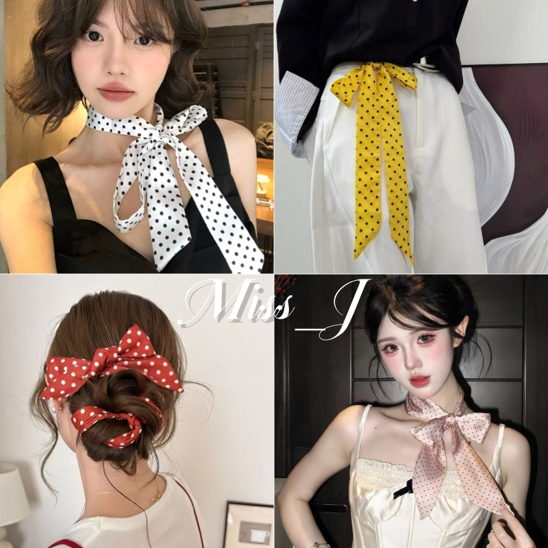 Miss_J พร้อมส่งจากกทม🎀ผ้าพันคอไหมลายจุดยาว: เนคไทที่ดูหรูหรา ที่คาดผม ผ้าพันคอสำหรับสวมติดเสื้อ ริบบิ้น ใช้งานได้หลากหลายและมีสไตล์