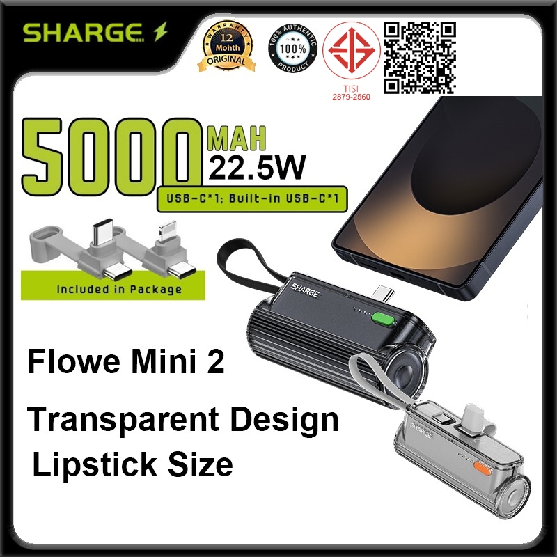 Sharge Flow Mini 2 พาวเวอร์แบงค์แบบพกพาสายเคเบิลในตัว 22.5W Max Fast Charging Mini Powerbank