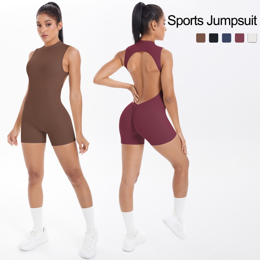 Nessaj ผู้หญิงกีฬา Jumpsuit ความยืดหยุ่นสูง Backless โยคะ Jumpsuit กางเกงขาสั้นแขนสั้น Jumpsuit แห้งเร็วฟิตเนสการฝึกอบรมกีฬา