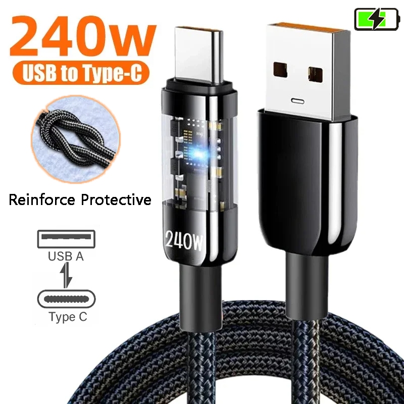 240W 10A Quick Charging USB C สายไนลอนถักโปร่งใส USB ถึง Type-C 480Mbps สายชาร์จความเร็วสูง