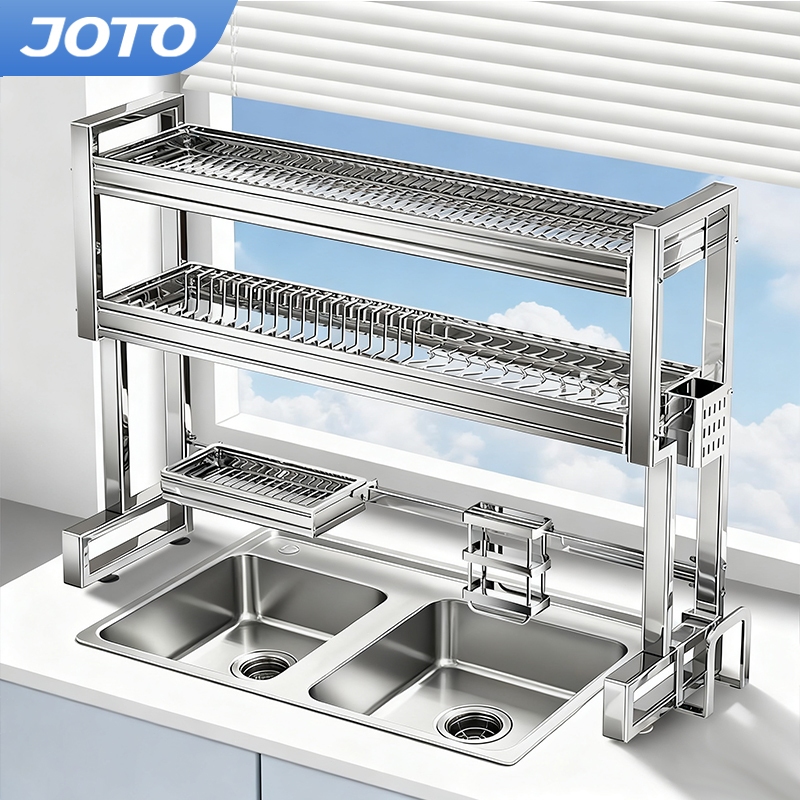 JOTO ชั้นวางจาน ชั้นวางจานสแตนเลส ชั้นวางจาน สแตนเลส รุ่นอัพเกรด 1/2ชั้น คร่อมอ่างล้างจานที่วางจาน