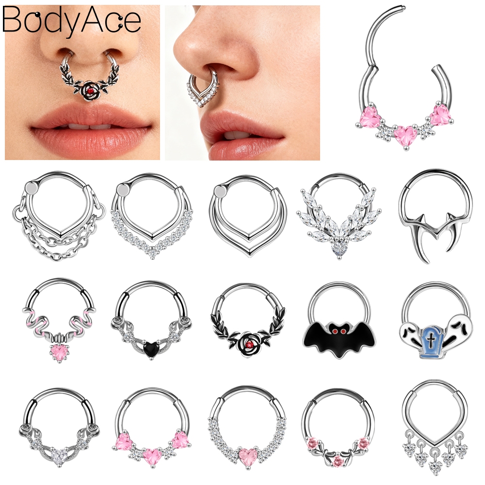 Bodyace 1 Pc แหวนจมูกสแตนเลสทองแดงเจาะจมูก 16G Septum แหวนคริสตัล Septum เจาะ Rose Nose Clicker