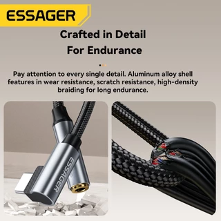 ESSAGER Type-C/L ถึง 3.5 มม.สายอะแดปเตอร์ 24 เส้นด้าย PP ถักสําหรับคุณภาพเสียงสูงการออกแบบข้อศอกรองรับการควบคุมสายไฟและ Plug And Play