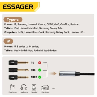 ESSAGER Type-C/L ถึง 3.5 มม.สายอะแดปเตอร์ 24 เส้นด้าย PP ถักสําหรับคุณภาพเสียงสูงการออกแบบข้อศอกรองรับการควบคุมสายไฟและ Plug And Play