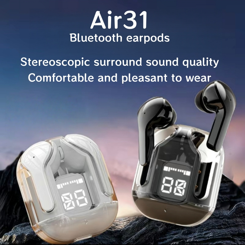 หูฟังไร้สายในหู Air31 บลูทู ธ 5.3, กรณีโปร่งใส, หูฟังซิลิโคน, จอแสดงผล LED อัจฉริยะ