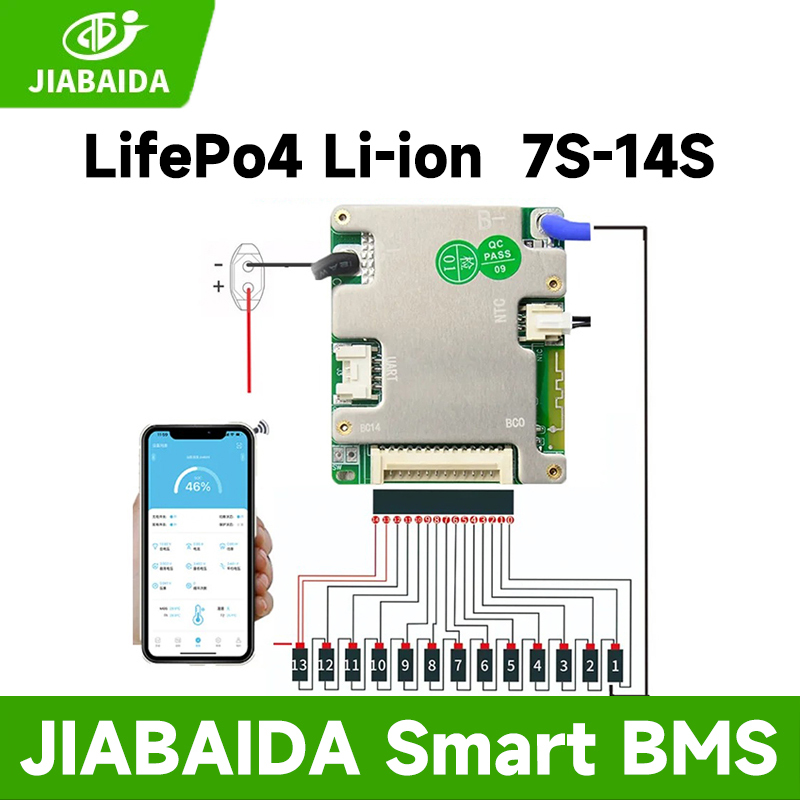 Jiabaida BMS Automized Identify 7S 8S 10S 12S 13S 14S 20A 30A LiFePo4 Li-ion JBD สมาร์ท BMS 24V 48V