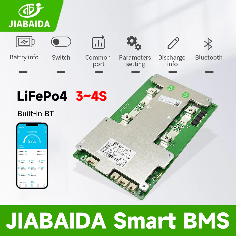 JIABAIDA 4S 12V 60A 100A 150A LiFePo4 Li-ion BT JBD Smart BMS Balance UART Heating Series Connect