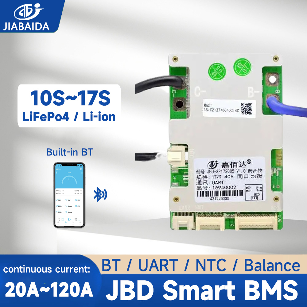 Jiabaida สมาร์ท BMS 10S 13S 14S 16S 17S LiFePo4 แบตเตอรี่ Li-ion 20A-120A JBD BMS BT UART Balance