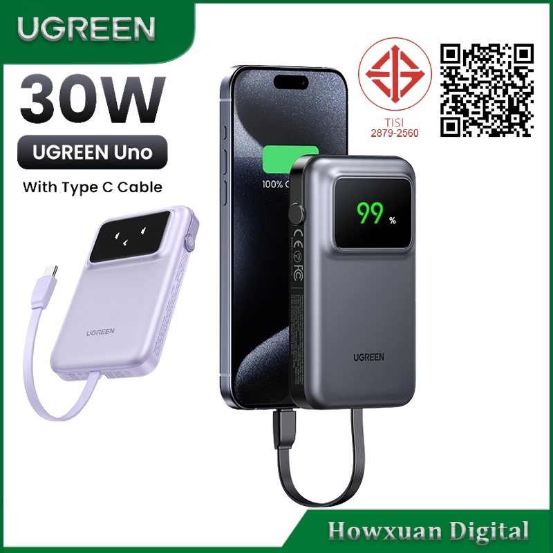 UGREEN UNO PD30W 10000mAh สายเคเบิล Type-C ในตัว Power Bank ชาร์จเร็ว Powerbank