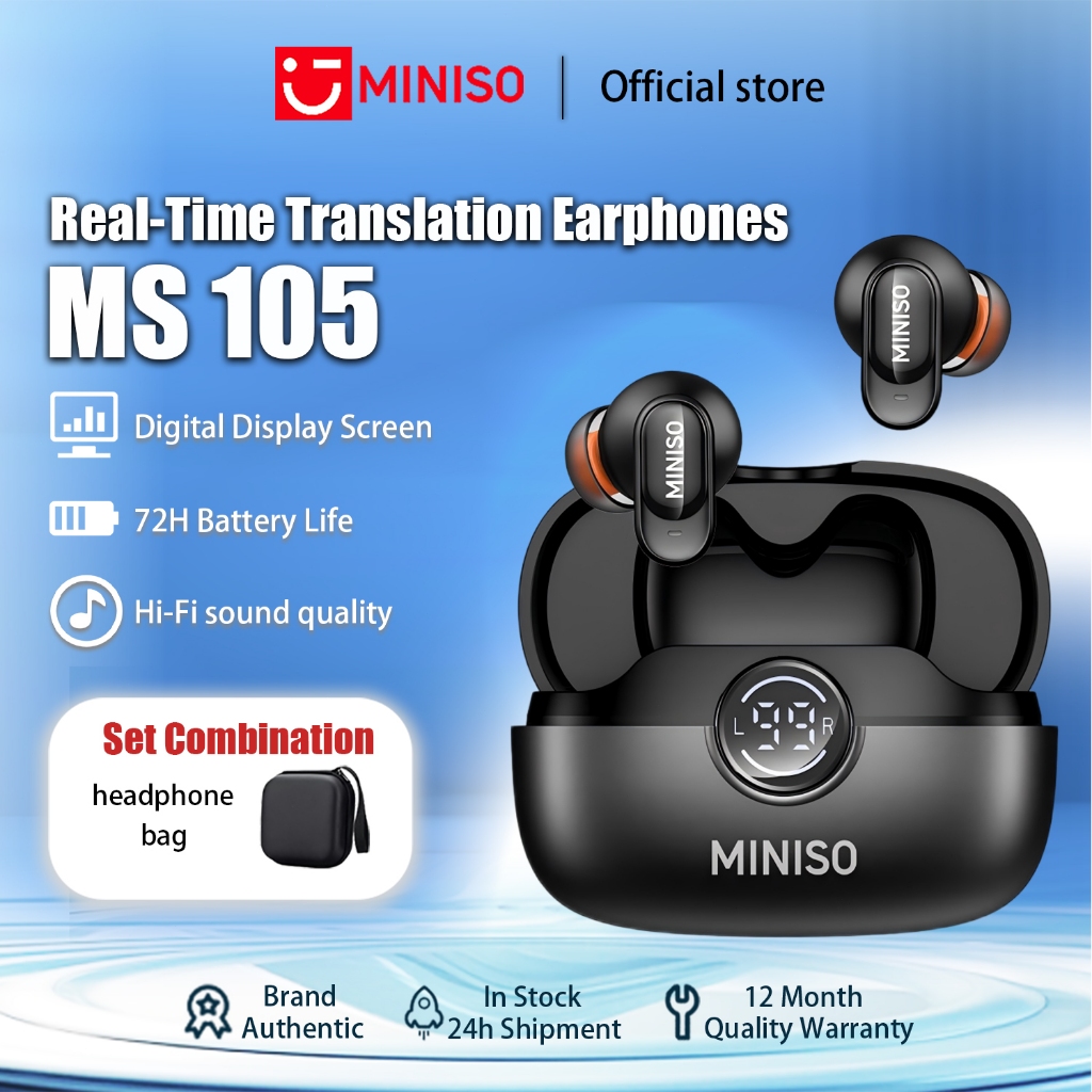 หูฟัง MINISO MS105 AI หูฟังบลูทูธ 6.0 หูฟังไร้สาย HD Call ดเสียงรบกวน พร้อมไมโครโฟน และกันน้ําระดับ IPX5 สำหรับ Android / iOS ของแท้100%