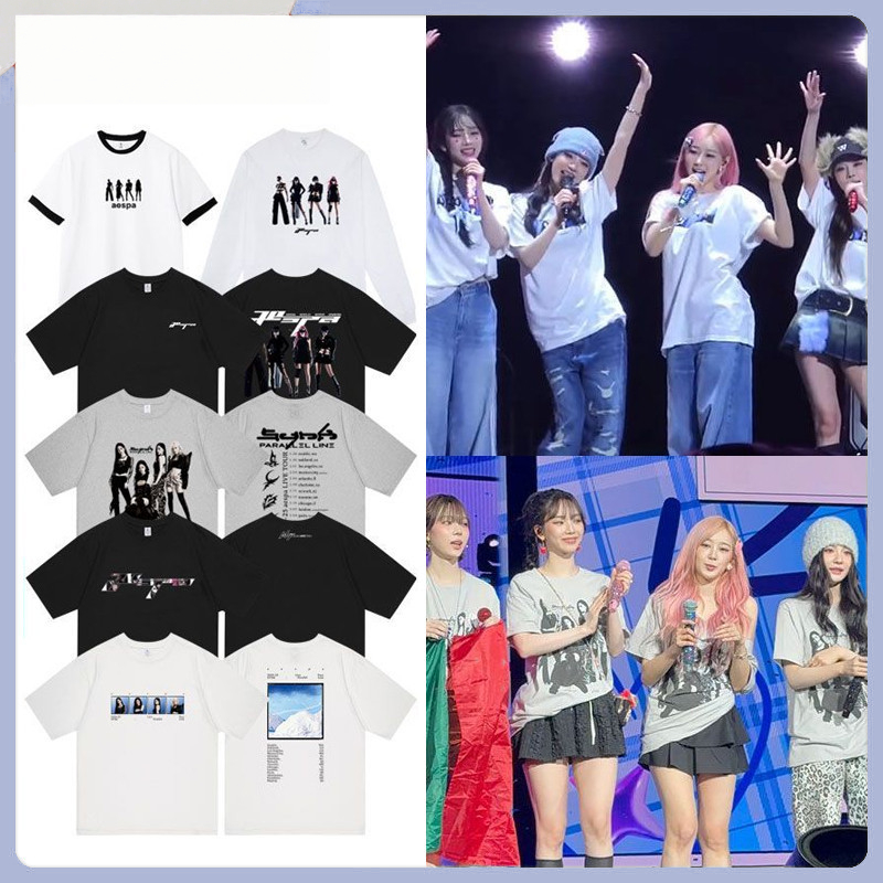 Kpop AES Merch ผ้าฝ้ายเสื้อยืด SYNK PARALLEL LINE WORLD TOUR พิมพ์แขนสั้น Retro ผู้ชายและผู้หญิงแฟชั่นหลวมสบายๆเสื้อยืด