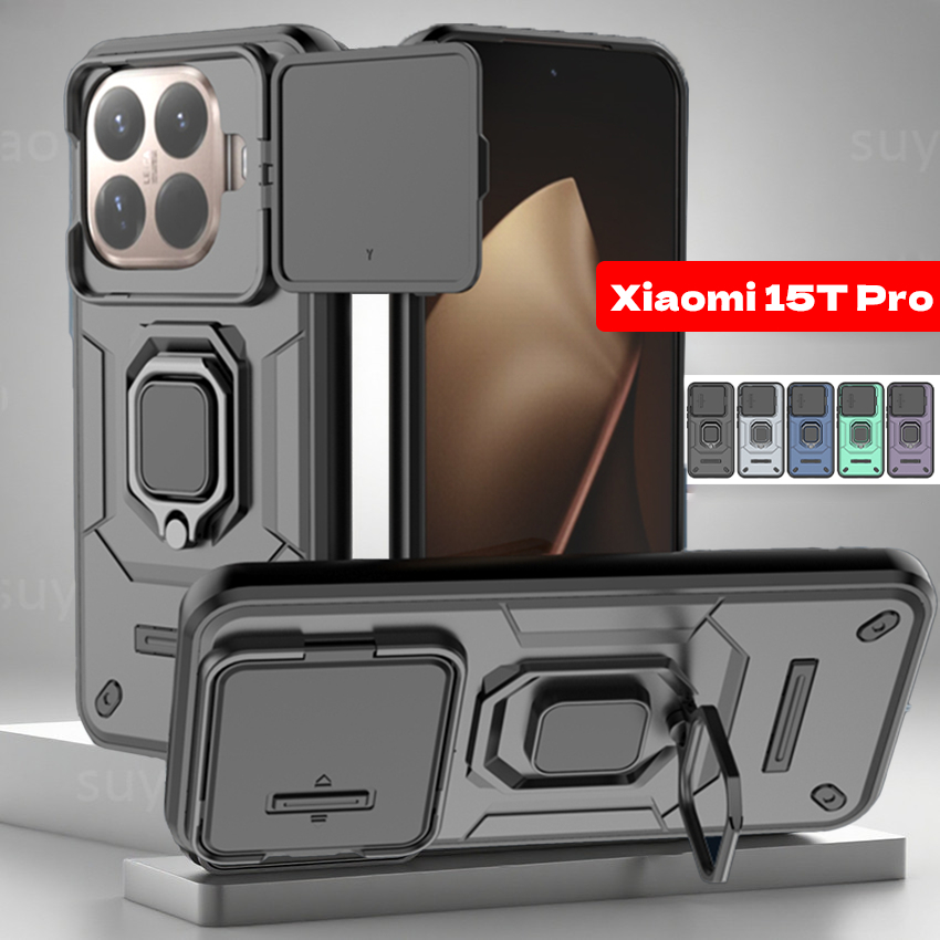 สําหรับ Xiaomi 15TPro 15T Pro 2025 เคสโทรศัพท์เกราะแหวนผู้ถือ Soft Edge Hard PC ปลอก Xiaomi15T 14T 14T 14TPro Mi Bracket Push เลนส์กล้องป้องกันกันกระแทกปกหลัง