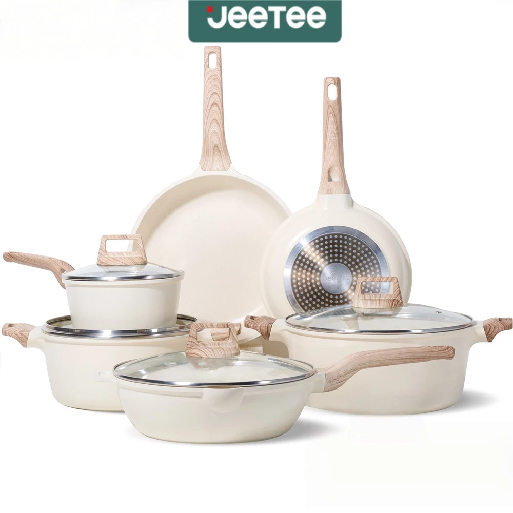 JEETEE 4/6 ชิ้น ชุดเครื่องครัวหินแกรนิตเคลือบสารกันติด กระทะก้นลึก หม้อซุป หม้อนม หม้อ ใช้ได้กับเตาทุกประเภท