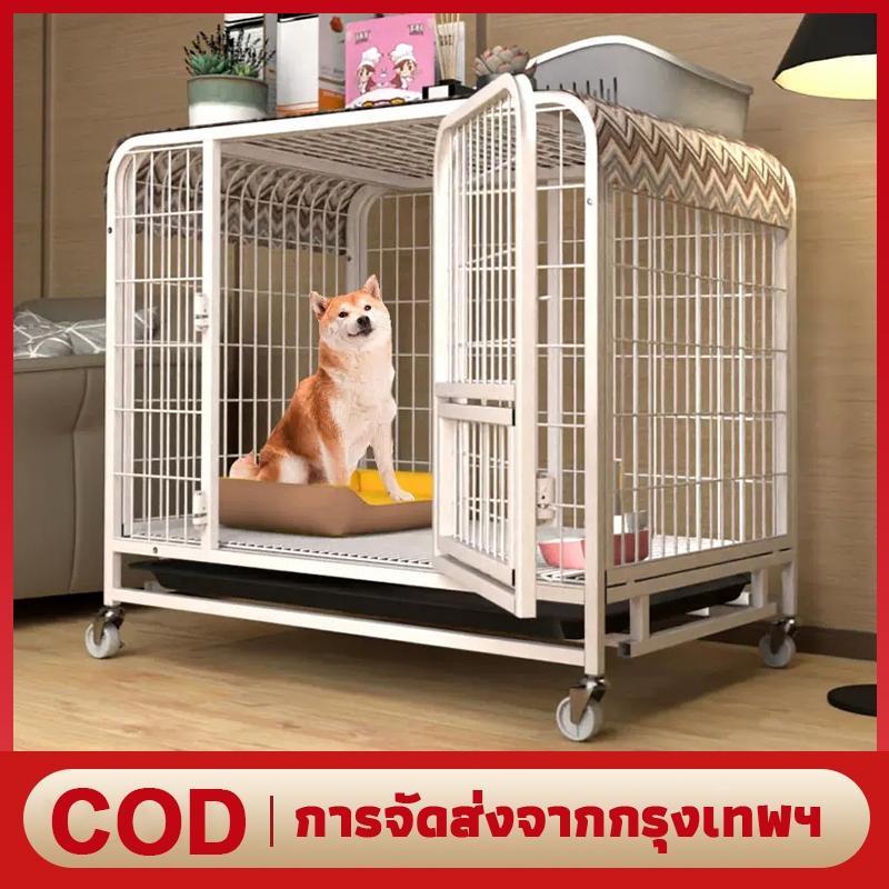 กรงหมา กรงสุนัขขนาดใหญ่ คอกหมา ด้วย 4 ล้อประตูคู่และการออกแบบถาดที่ถอดออกได้