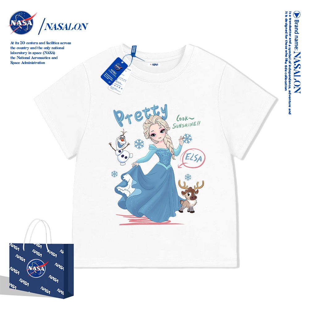NASA เสื้อยืดเด็กแขนสั้น ผ้า cotton 100% สีขาว เสื้อเด็กผู้หญิง ลายการ์ตูนเจ้าหญิงเอลซ่า นุ่มสบาย ระบายอากาศดี
