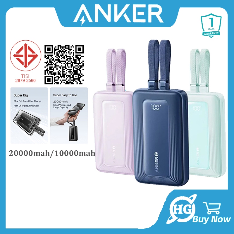 Anker 10,000mAh 20000mAh Zolo Power Bank 30W Max แบบพกพา Fast Charging Powerbank สายเคเบิลคู่ในตัว