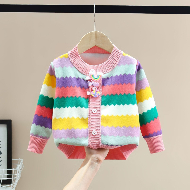 เสื้อคาร์ดิแกนแขนยาวพิมพ์ลายสำหรับเด็กผู้หญิง แจ็คเก็ตถักสวมใส่ง่าย เหมาะสำหรับฤดูหนาวและใบไม้ร่วง